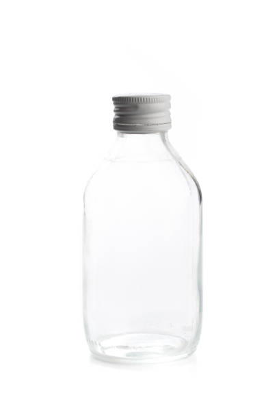 empty transparent glass bottle with screw cap. For medicine, syrup, pills, tabs. Packaging collection