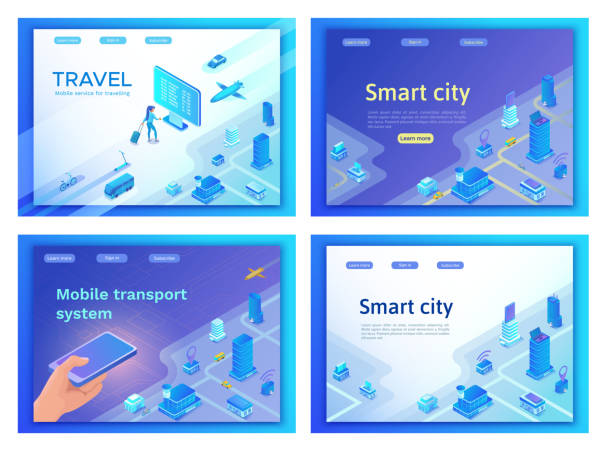 ilustrações de stock, clip art, desenhos animados e ícones de mobile transportation online service landing page template set, travel booking app concept, 3d isometric vector, smart city, smartphone, airplane, bus, girl searching in internet, ux design - vector isometric airplane bus