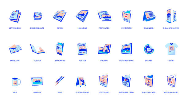 Set of printout promotion advertising materials brochure, card, flyer, magazine, poster, banner. Set of vector printout icons consisting of brochure, business card and flyer, magazine with postcard. Other elements like poster, banner with rollup, sticker, mug, folder and other printing shop products. Promotion print advertising materials. roll up banner photos stock illustrations