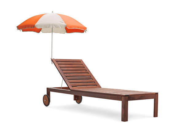 istock Brown sunbed with two wheels and umbrella 1163884757