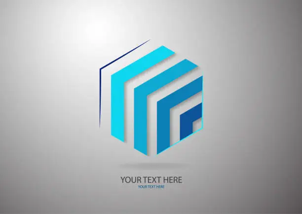 Vector illustration of Abstract hexagon with stripes of different shades of blue. For logo design, advertising.