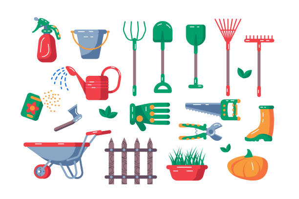 Gardening equipment set Gardening equipment set vector illustration. Collection consists of kaleyards tools and accessoires flat style design. Agriculture and farming concept. Isolated on white watering pail stock illustrations