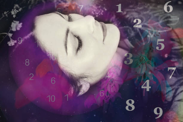 istock The woman in violet space and numerology 1163886974