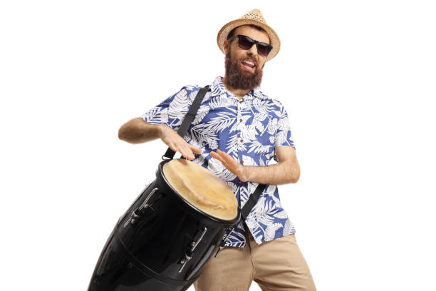 istock Excited bearded man hitting on conga drums 1163886998
