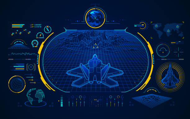 air fighter concept of aviation technology advancement, military aircraft with digital radar interface military infographic elements stock illustrations