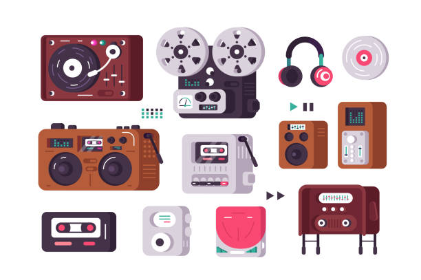 ilustrações de stock, clip art, desenhos animados e ícones de music players set - radio gramophone