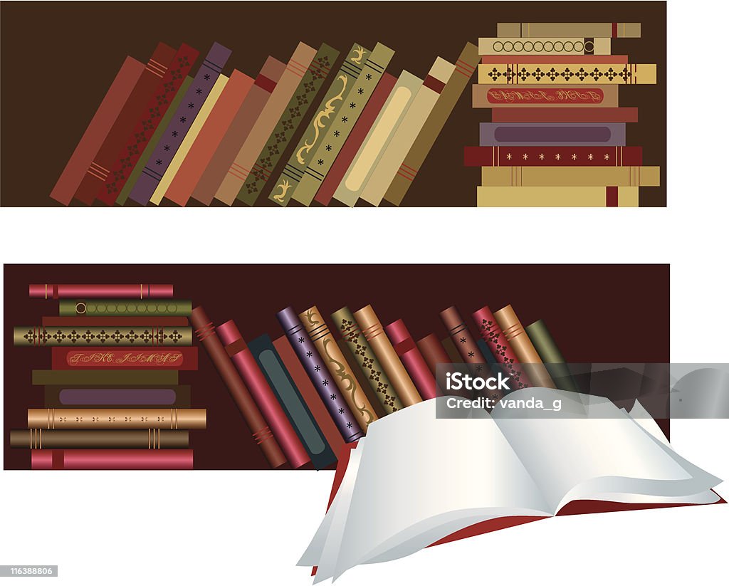 Books Books in the shelves, one book is open Ancient stock vector