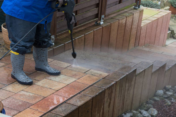 Woman works with a pressure washer stock photo