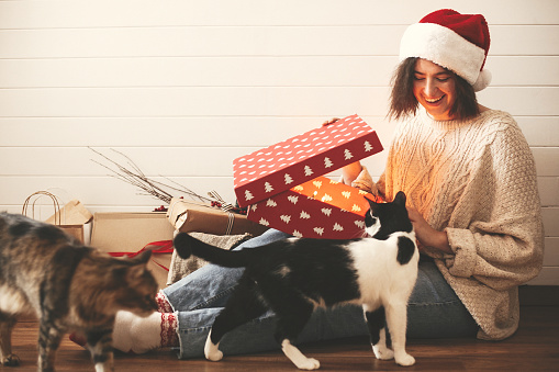 Stylish happy girl in santa hat and her cats opening christmas gift box with magic light in decorated christmas room. Young hipster woman opening magical present. Merry Christmas