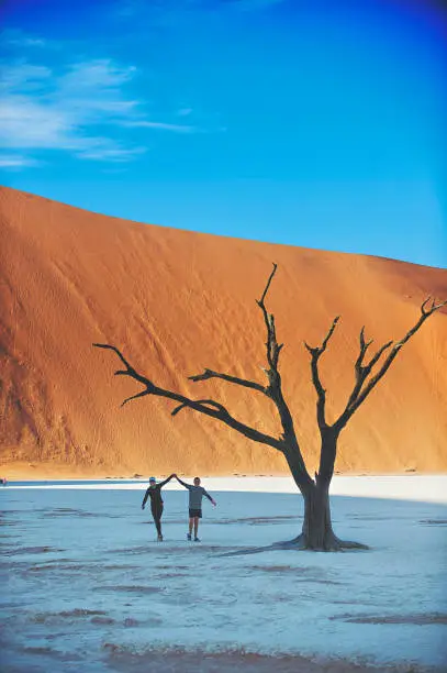 A young girl and young boy holding hands running together over the clay salt pan smiling between the Dead Vlei trees towards the camera Dooievlei Sossusvlei Namibian Desert Namibia Africa