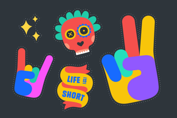 Fun Stickers. Colorful fun stickers. Design cartoon stickers Fun Stickers. Colorful fun stickers- ribbon, rock hand sign, skull, victory hand sign, stars. Design cartoon stickers, pins, chic patches, badges isolated on dark background. Vector Illustration kid stickers stock illustrations