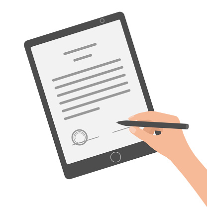 Hands signing digital signature on tablet. Vector illustration