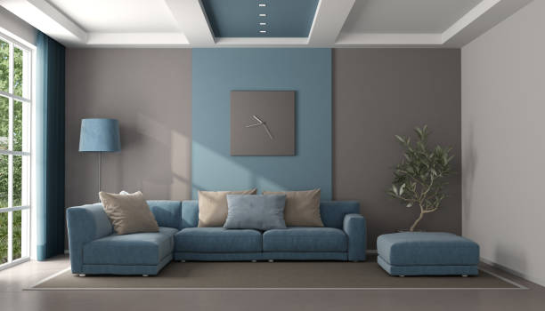 istock Minimalist blue and brown living room 1163891184