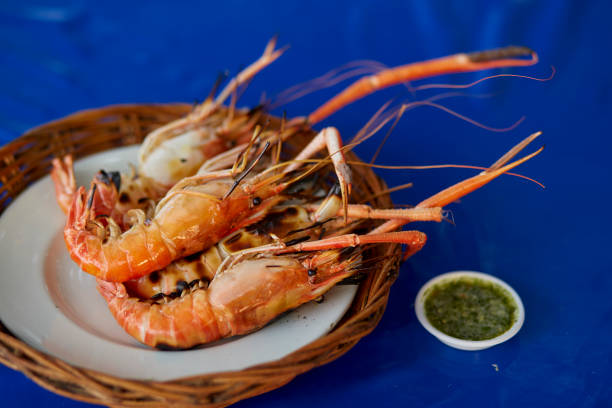 Grilled giant prawns with spicy sauce