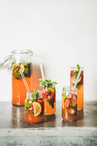 istock Fresh homemade strawberry and basil lemonade on concrete table 1163891935