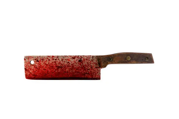 Old bloody meat cleaver isolated on white background with cliiping path