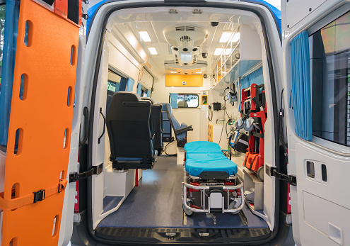 Inside of an ambulance for the hospital.