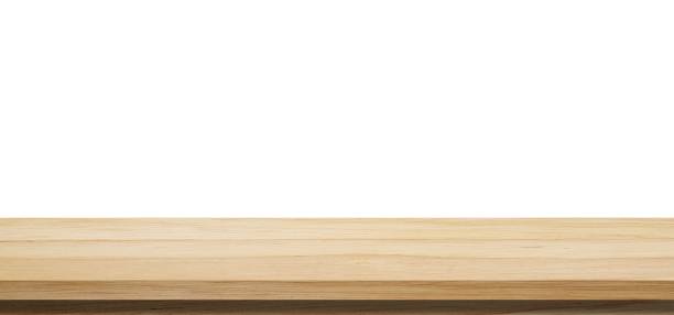 空の木製のテーブルトップ、白い背景に隔離された机、製品表示の背景のための木製のテーブルの表面、空の木製のカウンター、食品表示バナーのための白に隔離された棚、背景 - table counter top wood isolated ストックフォトと画像
