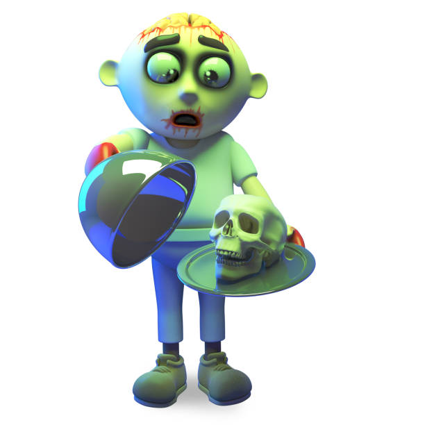 istock Debonair undead zombie monster serves a skull on a silver platter, 3d illustration 1163896704