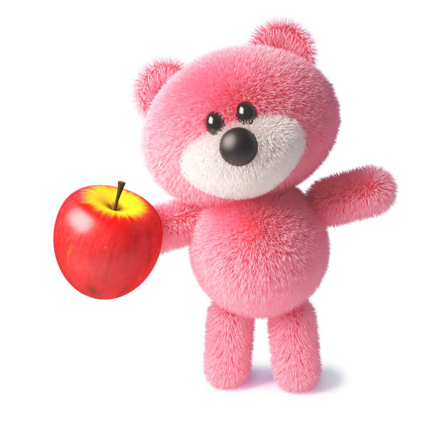 istock Fluffy pink teddy bear character holding a juicy red apple, 3d illustration 1163897065