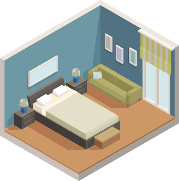Isometric Room Furniture Vector illustration of isometric bedroom with sofa. bedroom stock illustrations