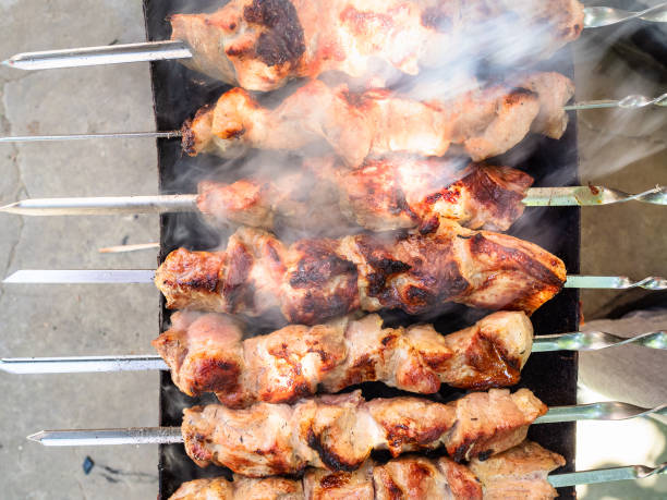 istock top view of shish kebabs are cooked on brazier 1163902524