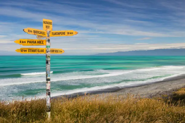 Photo of Distance and direction signpost on a beautiful, sunny beach.