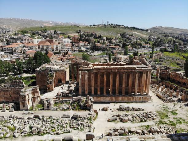 view from above on the lebanon. western asia country which is called also lebanese republic. aerial photo created by drone. baalbek, one of the oldest ancient city in the world. great theatre - baalbek imagens e fotografias de stock