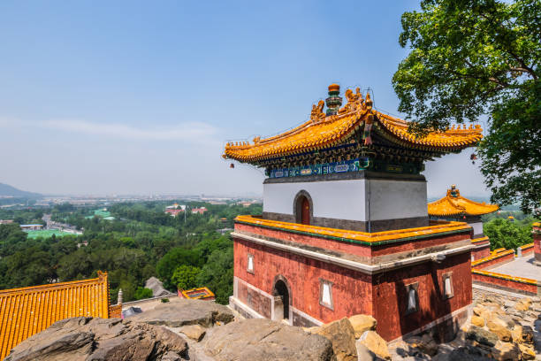 View of Four Great Regions Temple, Tibetan Style Temple, which is the largest in Beijing Summer Palace. at The Summer Palace in Beijing, China. stock photo