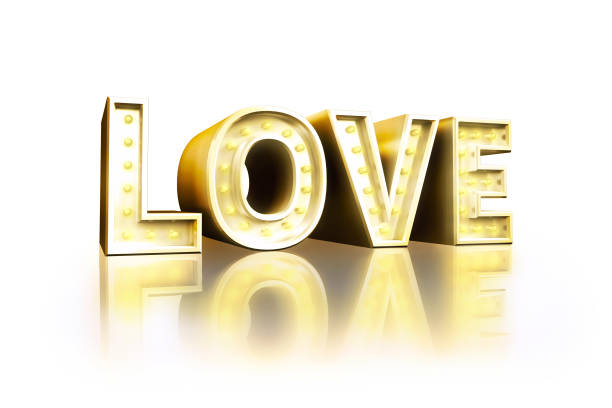 Marquee light love gold letter sign, Isolated. 3D illustration.