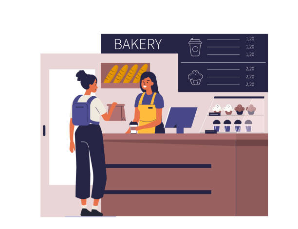 bakery Customer buy coffee and dessert in bakery shop. Can use for backgrounds, infographics, hero images. Flat style modern vector illustration. barista stock illustrations
