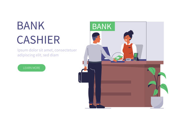 bank cashier Client and bank cashier behind cash department window. Can use for backgrounds, infographics, hero images. Flat style modern vector illustration. bank counter stock illustrations