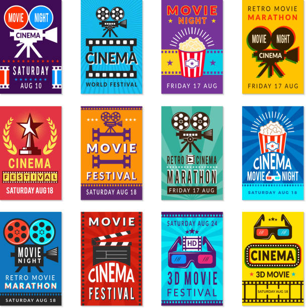 Cinema poster. Vintage film retro cards movies placard vector backgrounds collection Cinema poster. Vintage film retro cards movies placard vector backgrounds collection. Illustration of cinema poster, film video banner and placard movie patterns stock illustrations