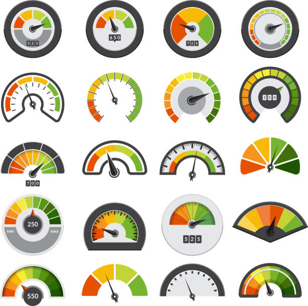 ilustraciones, imágenes clip art, dibujos animados e iconos de stock de colección de velocímetros. símbolos de puntuación de velocidad que miden la colección de vectores de índices de nivel de tacómetro - fuel indicator