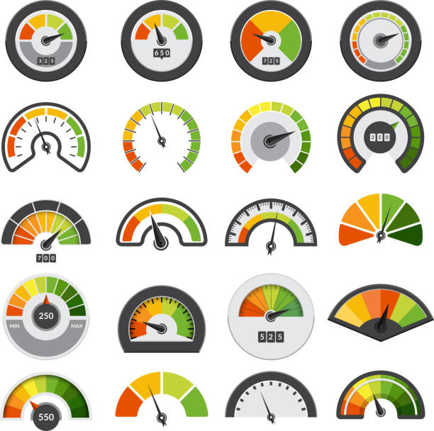 속도계 컬렉션입니다. 속도 점수 측정 타코피터 레벨 인덱��스 벡터 수집의 기호 - speedometer gauge car speed stock illustrations