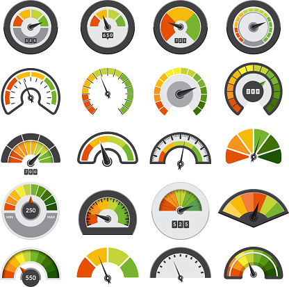 Speedometers collection. Symbols of speed score measuring tachometer level indices vector collection. Illustration of speedometer indicator, speed meter measurement