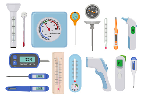 Thermometers. Hospital medical temperature measure high and low various indicators vector measure counters. Thermometer instrument measurement cold and hot illustration