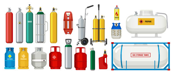 Gas tanks. Compressed oxygen propane dangerous cylinder tanks vector cartoon collection Gas tanks. Compressed oxygen propane dangerous cylinder tanks vector cartoon collection. Propane in cylinder, compressed gas illustration cylinder stock illustrations