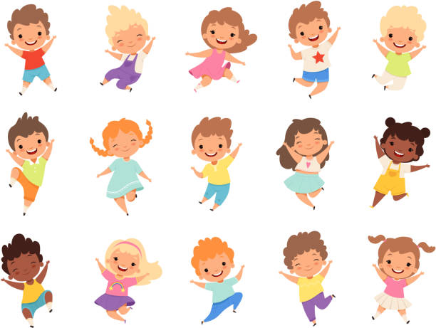 Jumping kids. Happy funny children playing and jumping in different action poses education little team vector characters Jumping kids. Happy funny children playing and jumping in different action poses education little team vector characters. Illustration of kids and children fun and smile cute girl stock illustrations