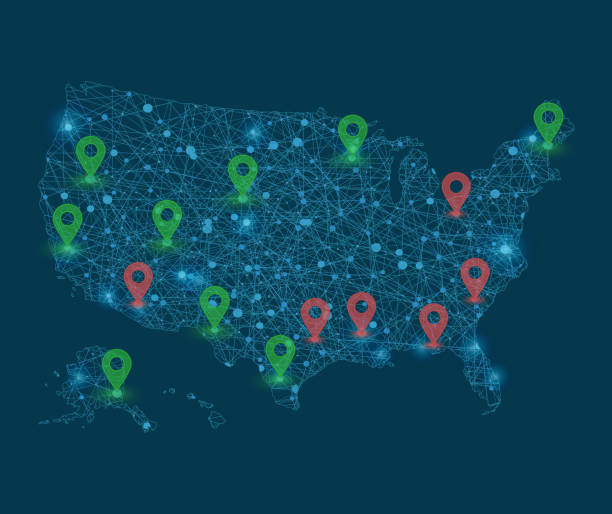 istock Vector map of United States map of America with glowing points and red and green pointers. 1163910914