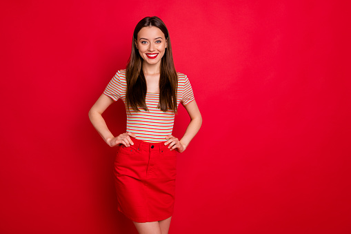 Photo of pretty stylish lady, wear casual outfit isolated burgundy background