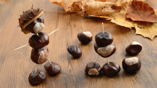 istock Autumn childhood decoration. thinker chestnut figure with tooth sticks 1163912509