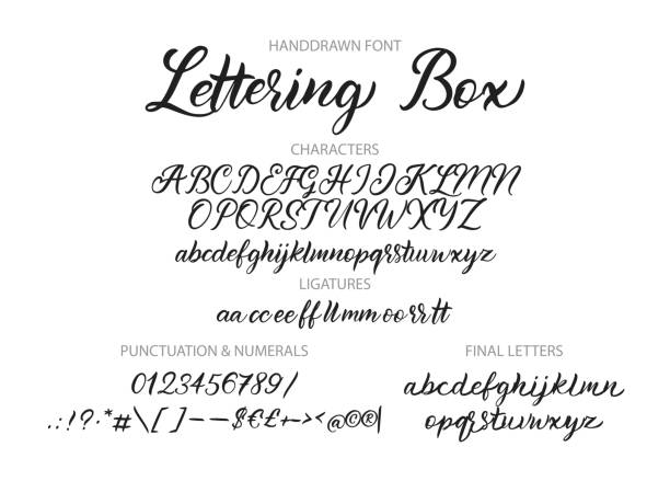 Hand drawn vector alphabet with letters, numbers, symbols. Cute hand drawn vector alphabet ABC font with letters, numbers, symbols. For calligraphy, lettering, hand made quotes. calligraphy alphabet styles drawing stock illustrations