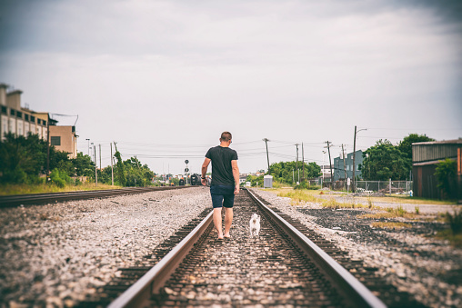 A mid 30s man and his small white dog walking away from the camera down a set of railroad tracks.