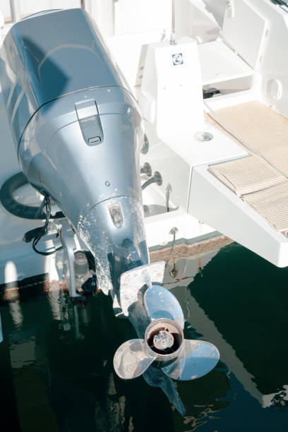 istock Motor boat screw on sea water background 1163916686