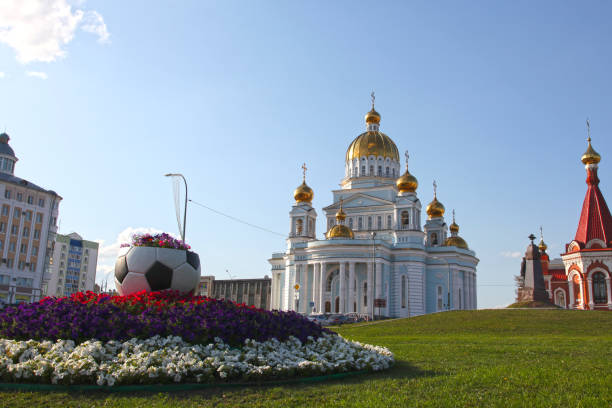 View at the cathedral of St Warrior Admiral Feodor Ushakov in Saransk, Mordovia. Russian Federation View at Cathedral of St. Theodore Ushakov in Saransk, Mordovia republic. Its new church built in 2001 year in down town of city mordovia stock pictures, royalty-free photos & images