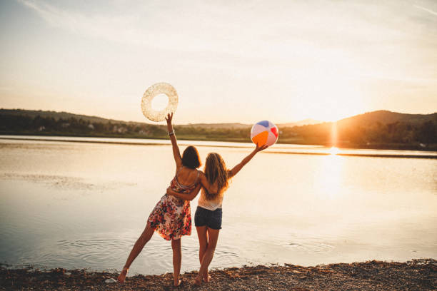 Best friends having good time on hot summer day