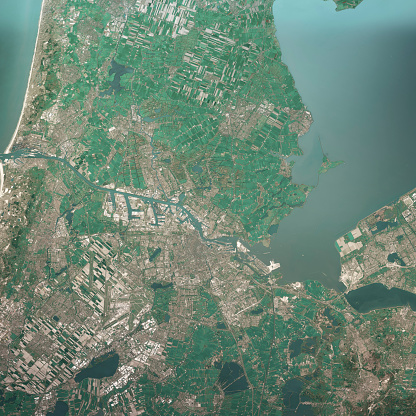 3D Render of a Topographic Map of the Amsterdam area, Netherlands.\nAll source data is in the public domain.\nContains modified Copernicus Sentinel data (Apr 2019) courtesy of ESA. URL of source image: https://scihub.copernicus.eu/dhus/#/home.\nRelief texture SRTM data courtesy of NASA. URL of source image: https://search.earthdata.nasa.gov/search/granules/collection-details?p=C1000000240-LPDAAC_ECS&q=srtm%201%20arc&ok=srtm%201%20arc