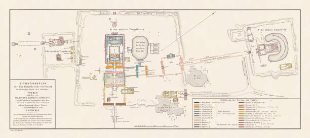 ilustraciones, imágenes clip art, dibujos animados e iconos de stock de mapa histórico de los templos de karnak, tebes, egipto, litografía, 1879 - egipcio antiguo