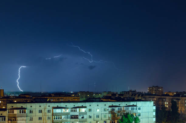 istock Thunderstorm with lightning and thunder over the night city 1163921175